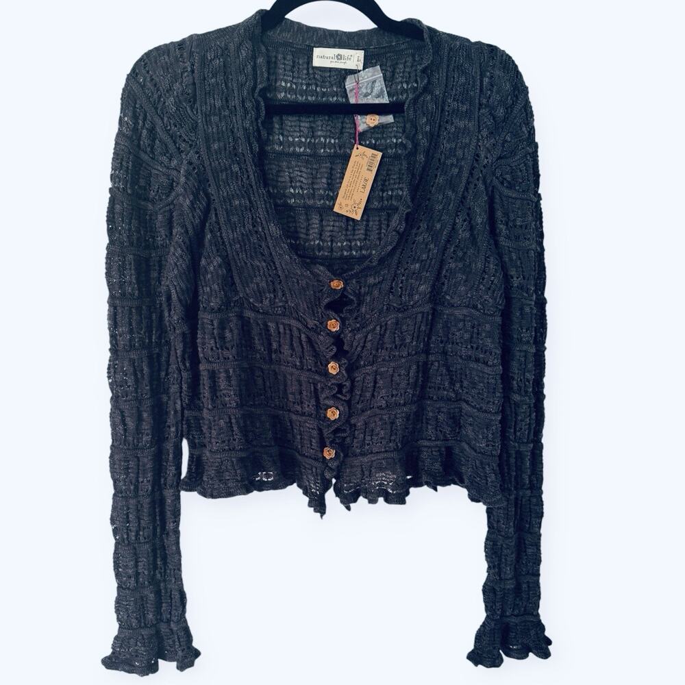 NWT Natural Life Open Knit Cropped Ruffle Button Front Cardigan Sweater Large